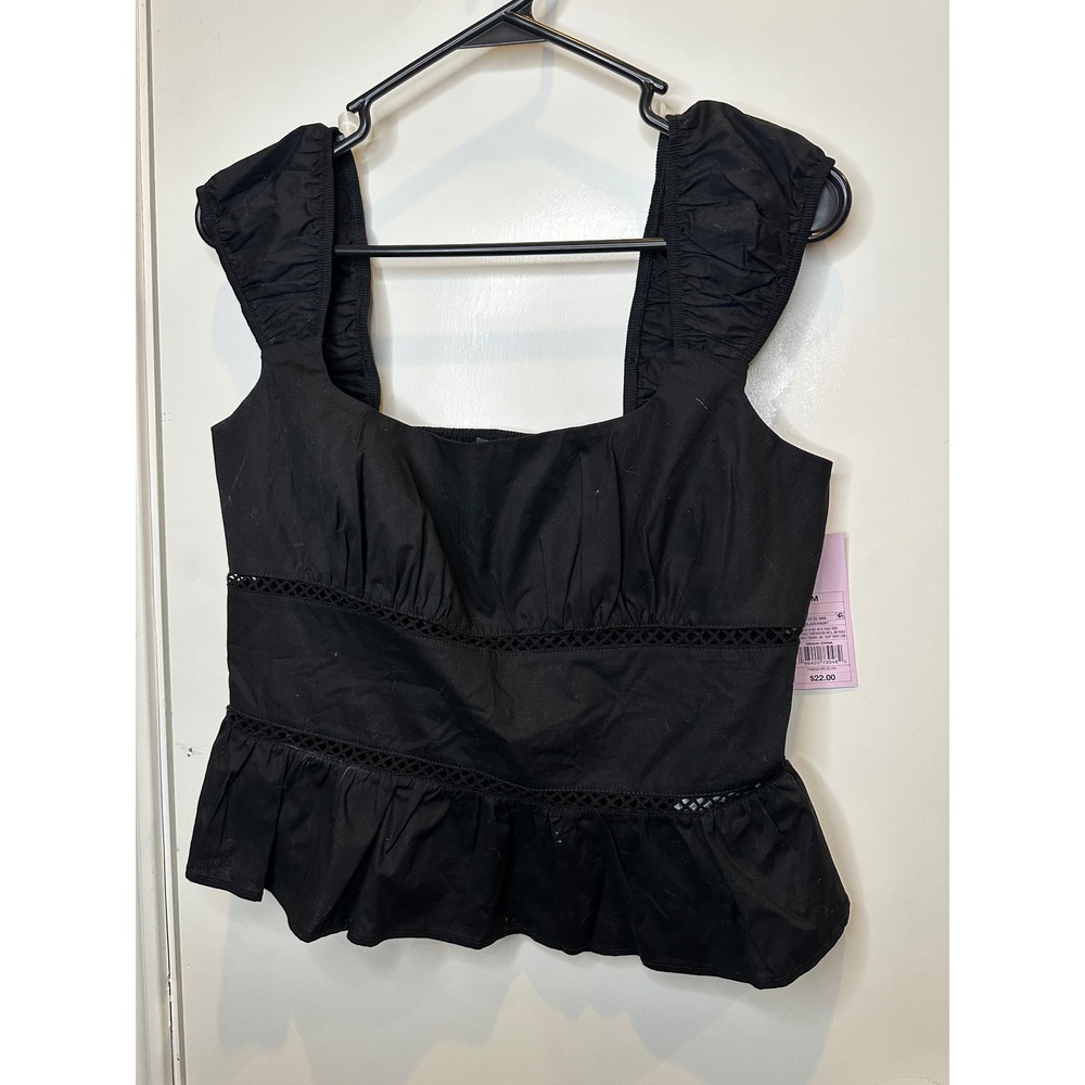 Wild Fable Black Ruched Strap Peplum Top Square Neck Ladder Lace Smocked Back M